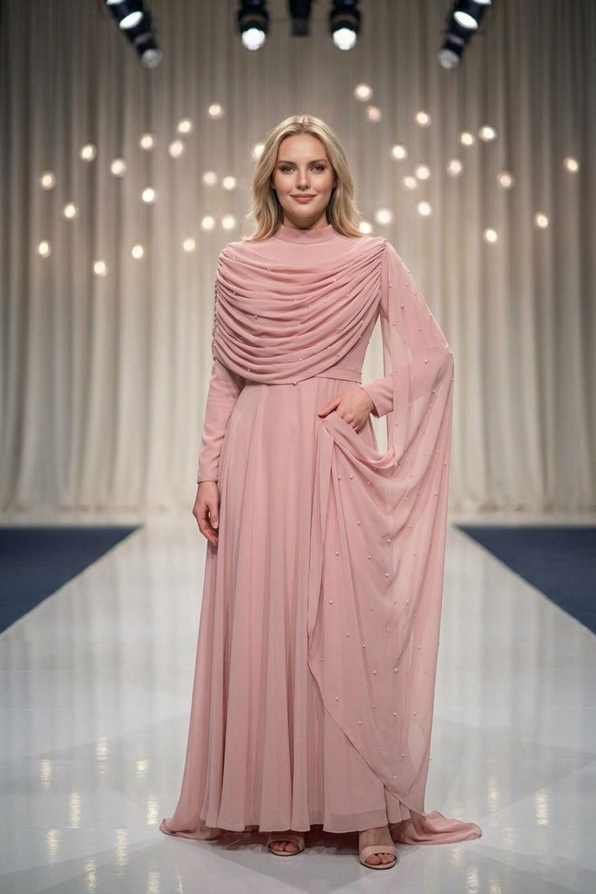 Tesettür PERİZADE Şifon Abiye PudraLP6317