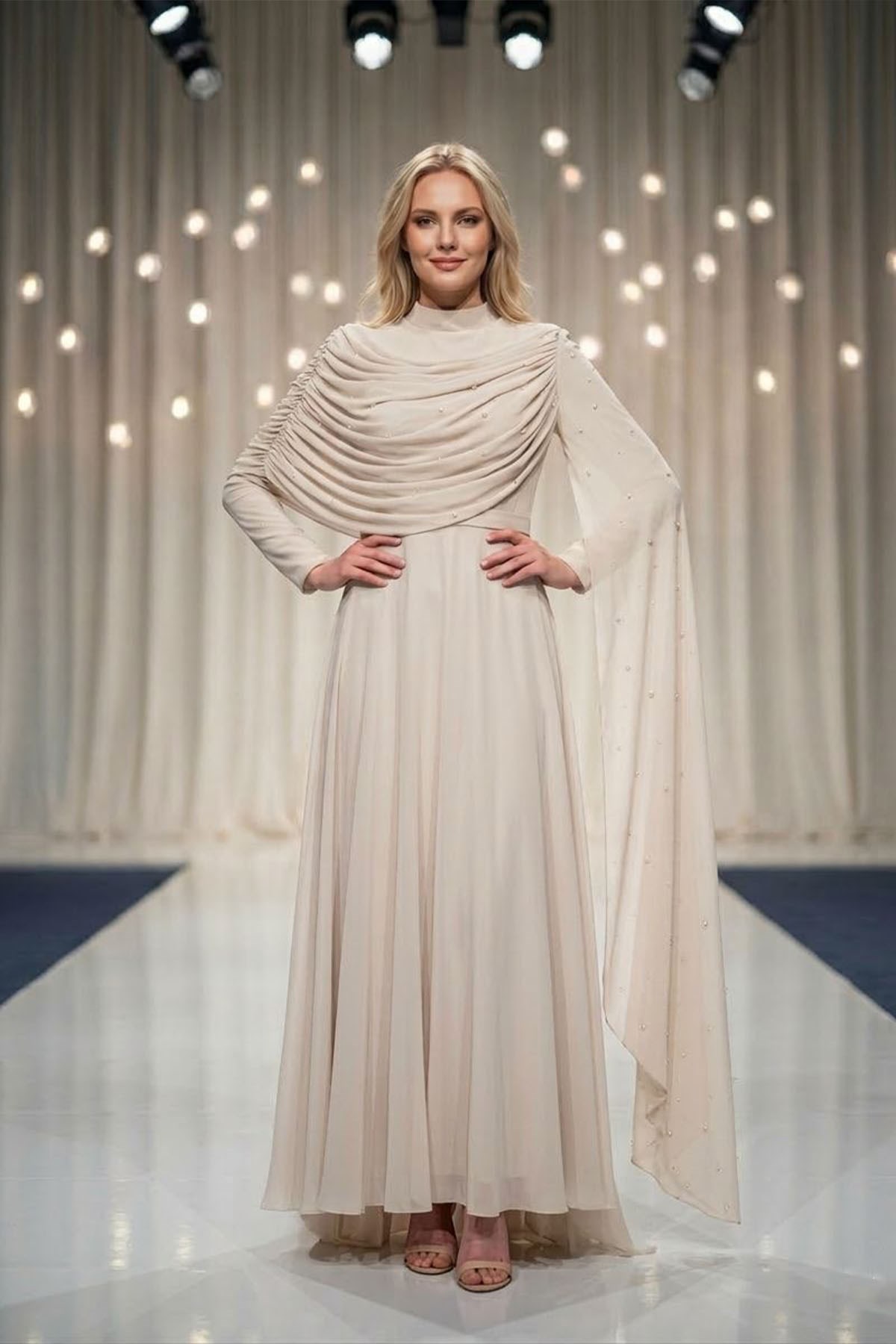 Tesettür PERİZADE Şifon Abiye Taş RengiLP6317