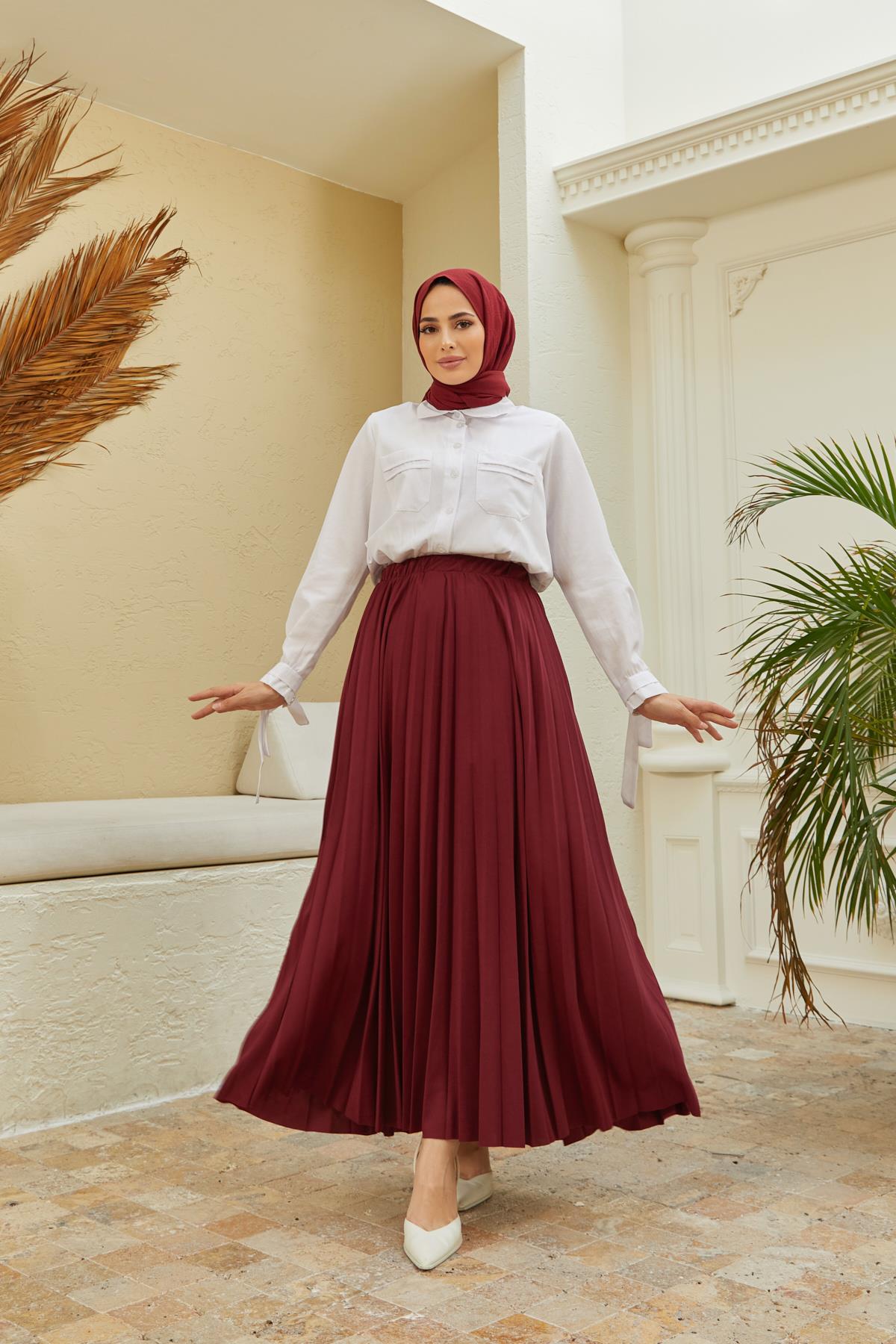 Tesettür Piliseli Etek BordoHM4052