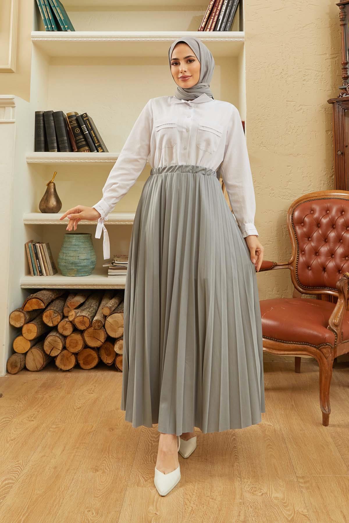 Tesettür Piliseli Etek GriHM4052