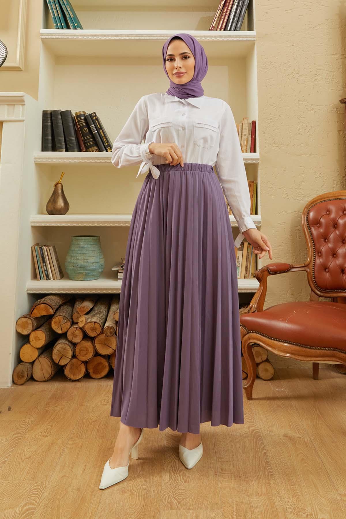 Tesettür Piliseli Etek LilaHM4052