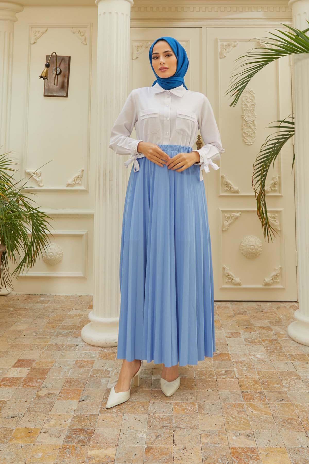 Tesettür Piliseli Etek MaviHM4052