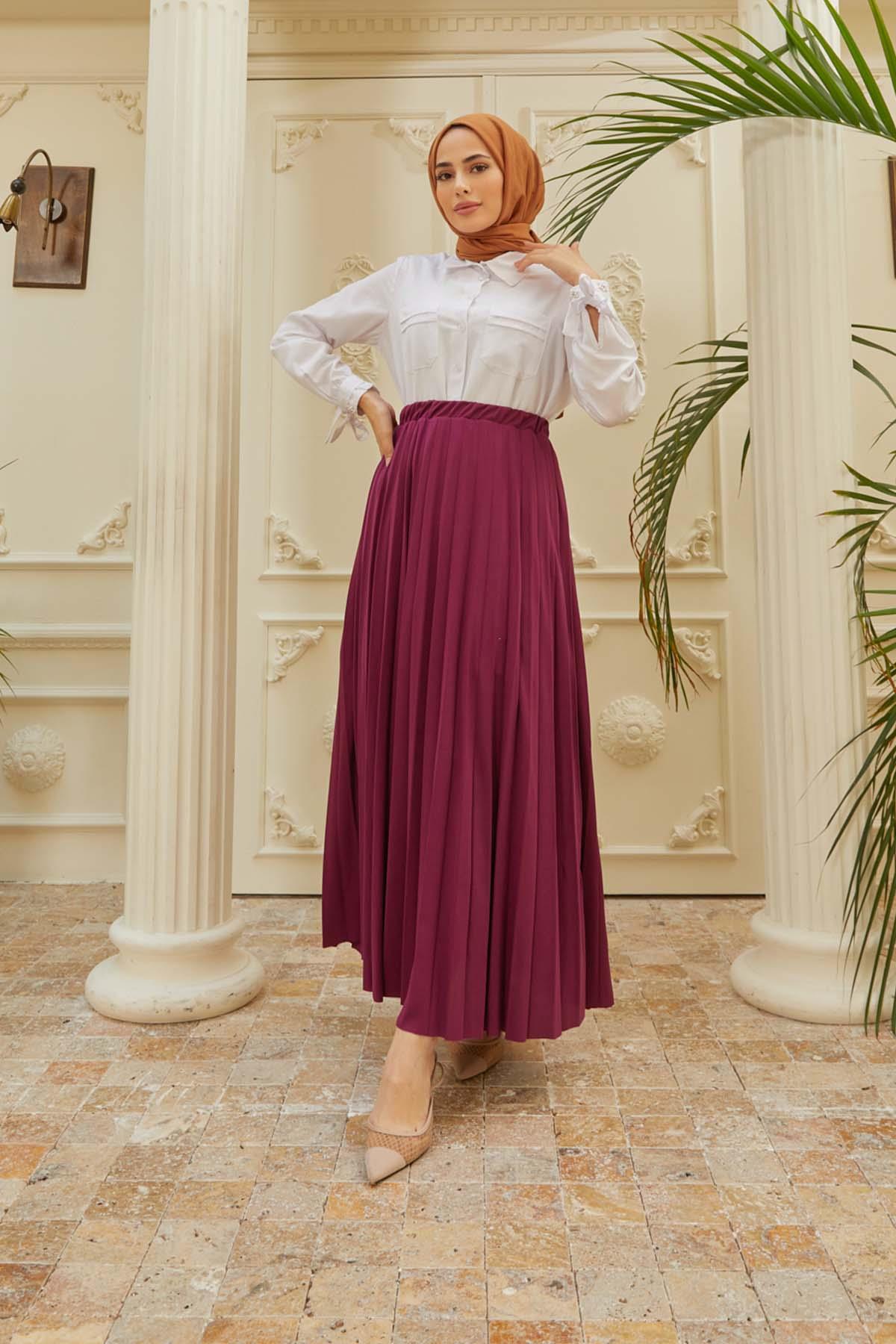 Tesettür Piliseli Etek MürdümHM4052