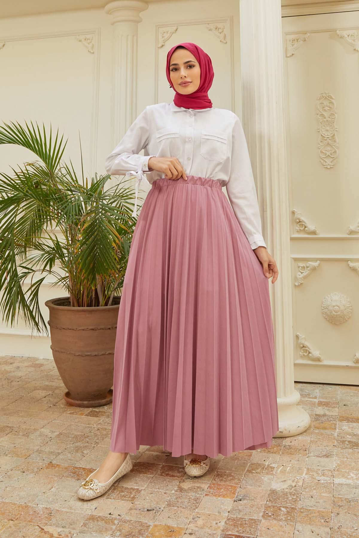 Tesettür Piliseli Etek PudraHM4052