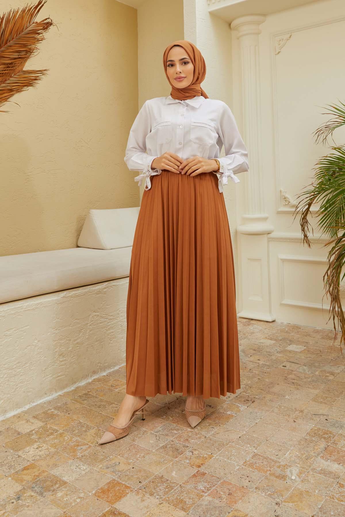 Tesettür Piliseli Etek TabaHM4052