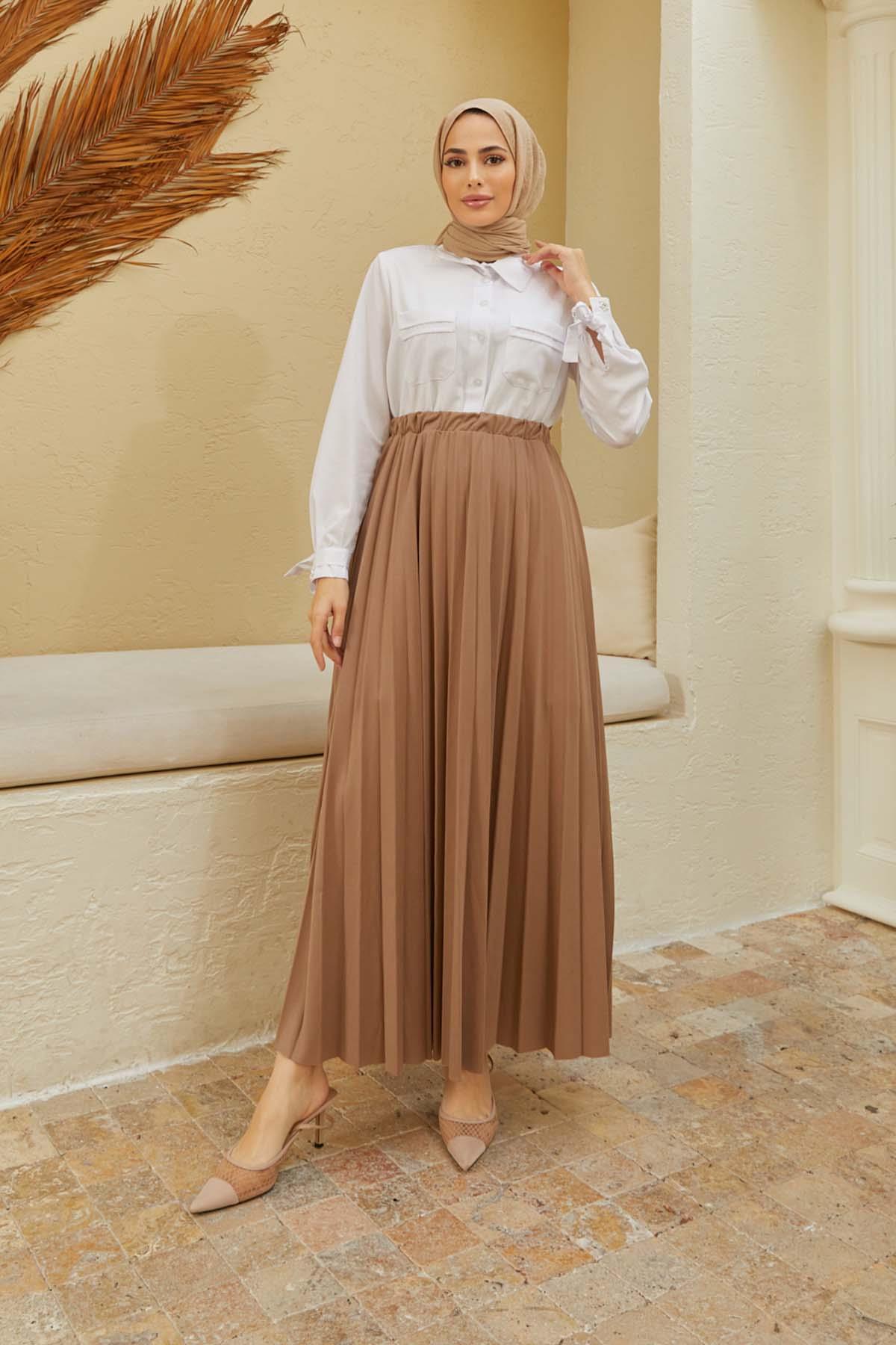 Tesettür Piliseli Etek VizonHM4052