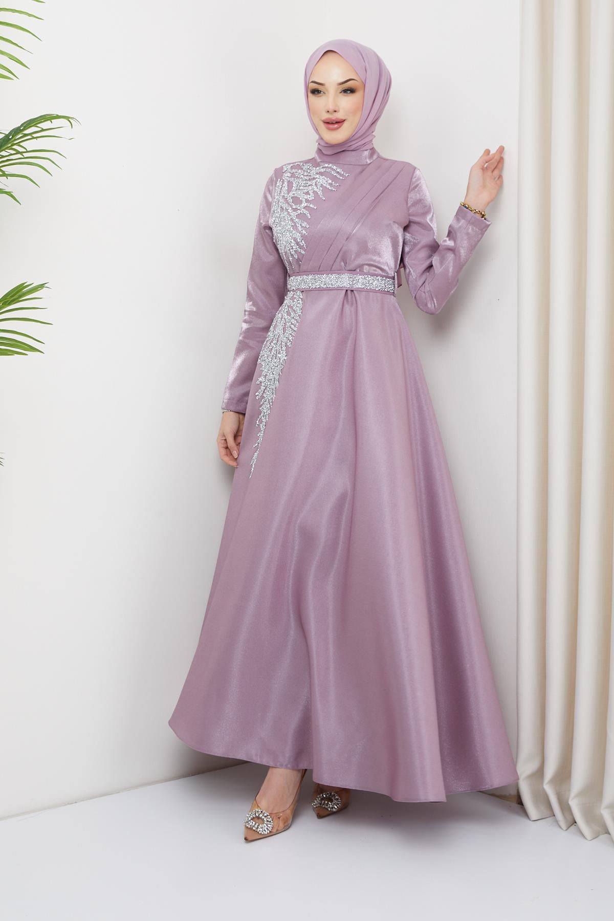 Hijab Rana Rana Detailed Satin Evening Dress LilaHM2008