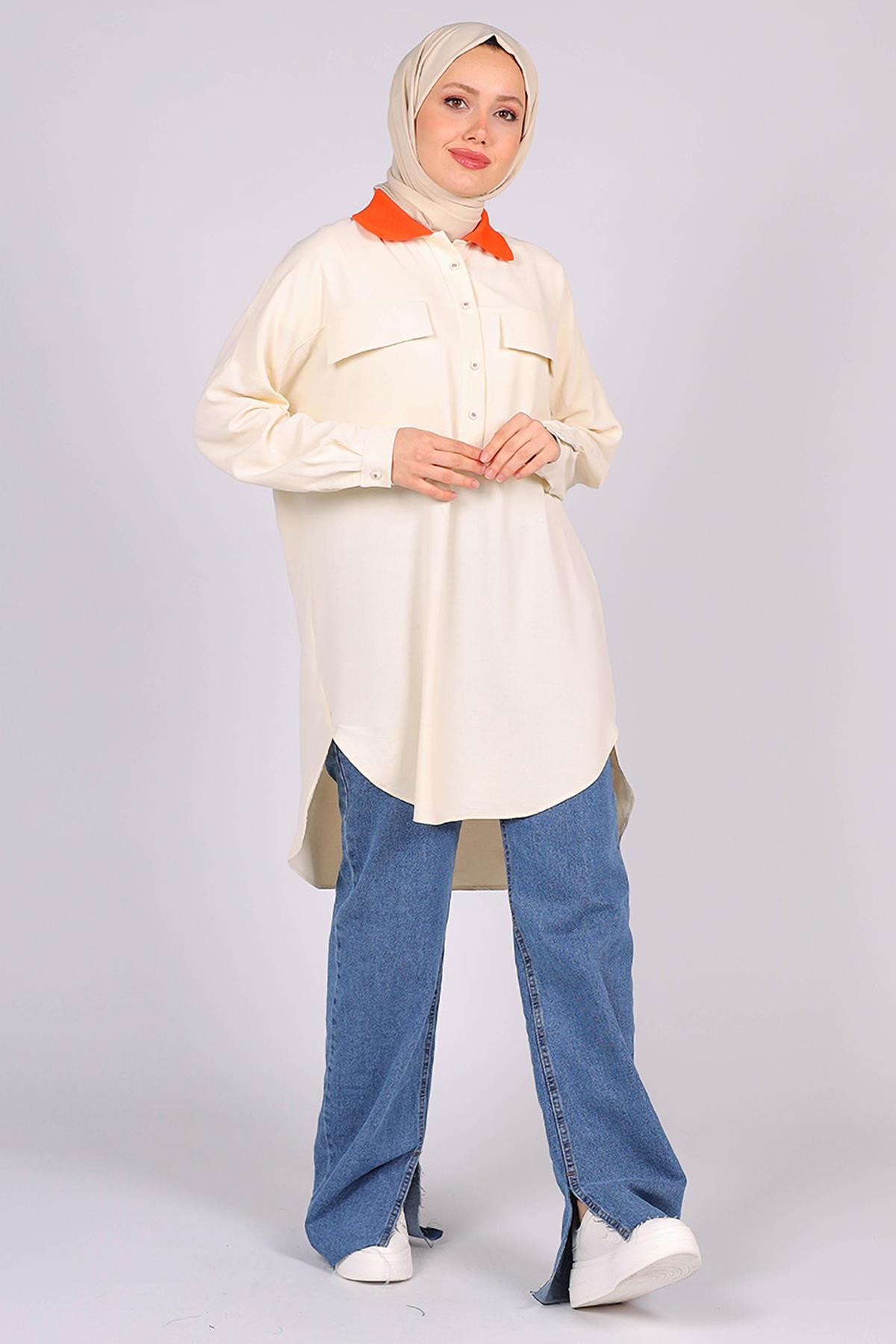 Tesettür Ribana Yakalı Aerobin Tunik EkruHM20483