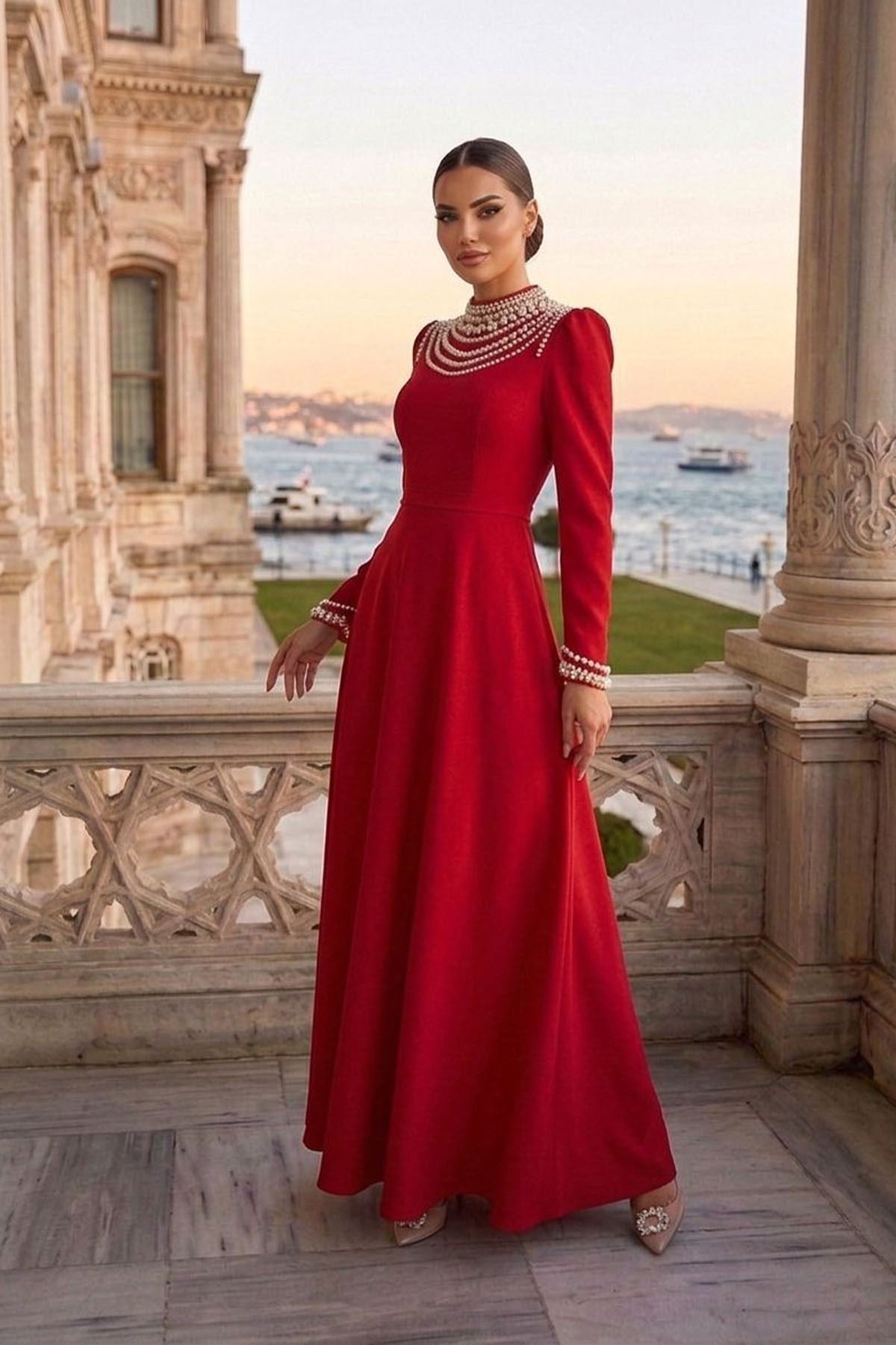 Tesettür Safir Adriana Krep Abiye KırmızıLP6327