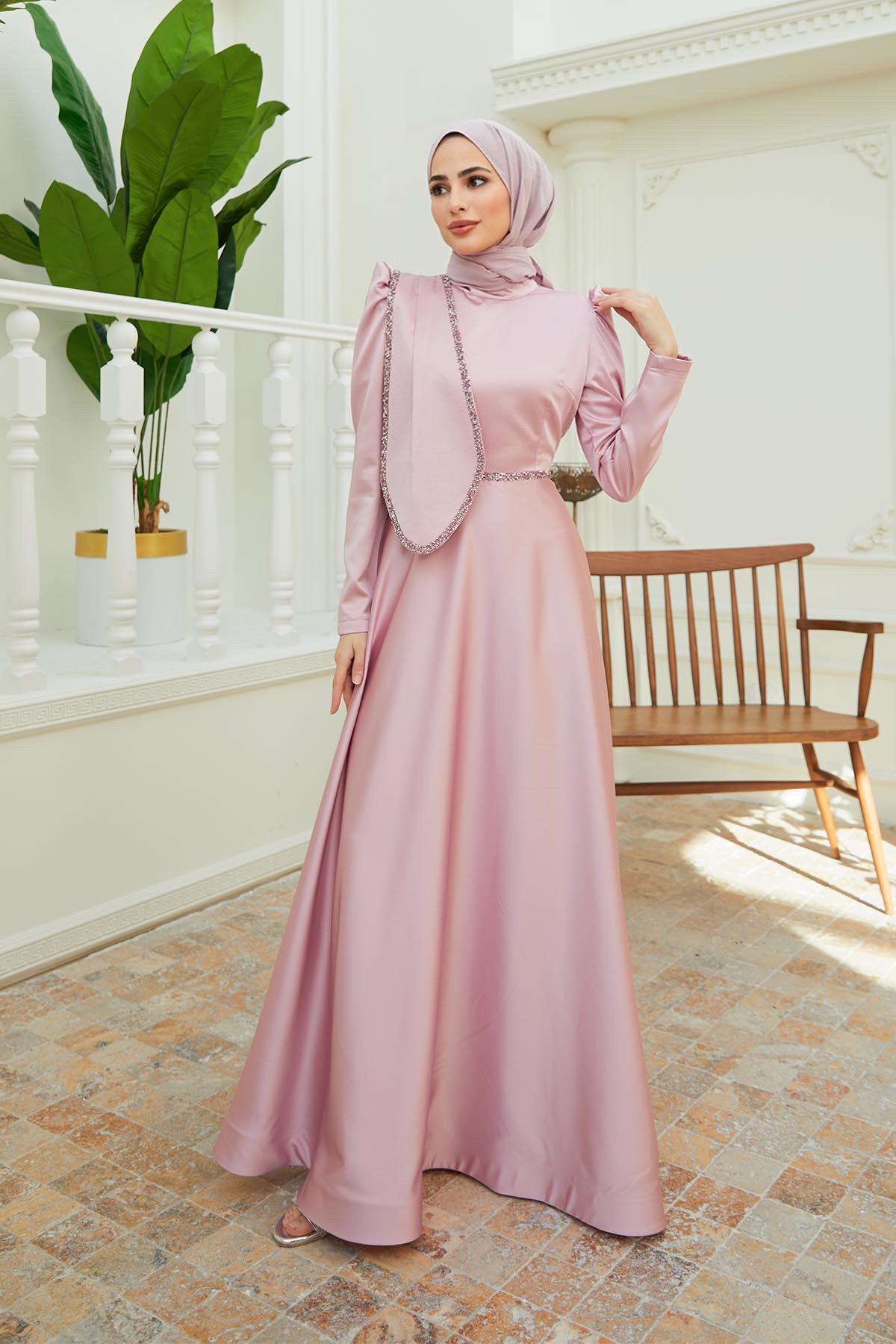 Tesettür Sare Yaprak Detaylı Taşlı Saten Abiye PudraHM4130-1