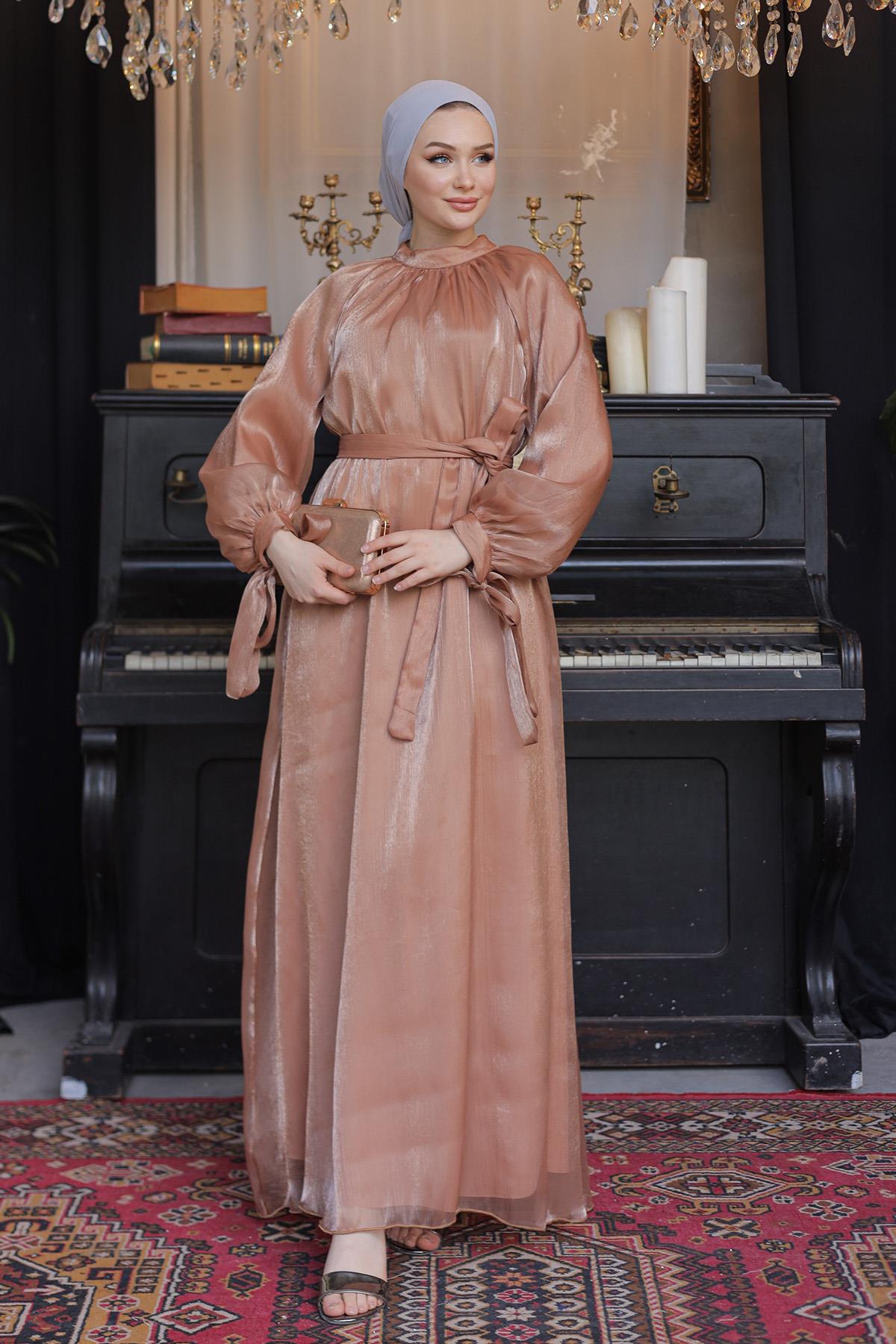 Tesettür Sarem Işıltı Abiye CamelLP4203