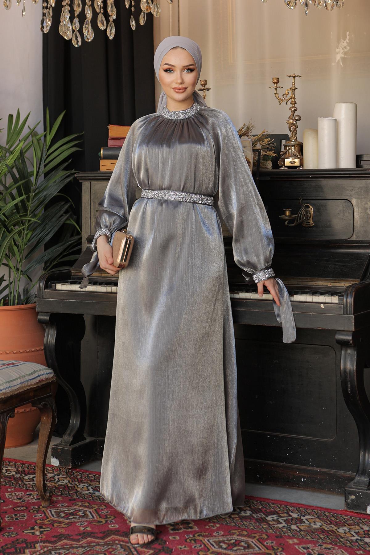 Tesettür Sarem Işıltı Taşlı Abiye AntrasitLP4203-1