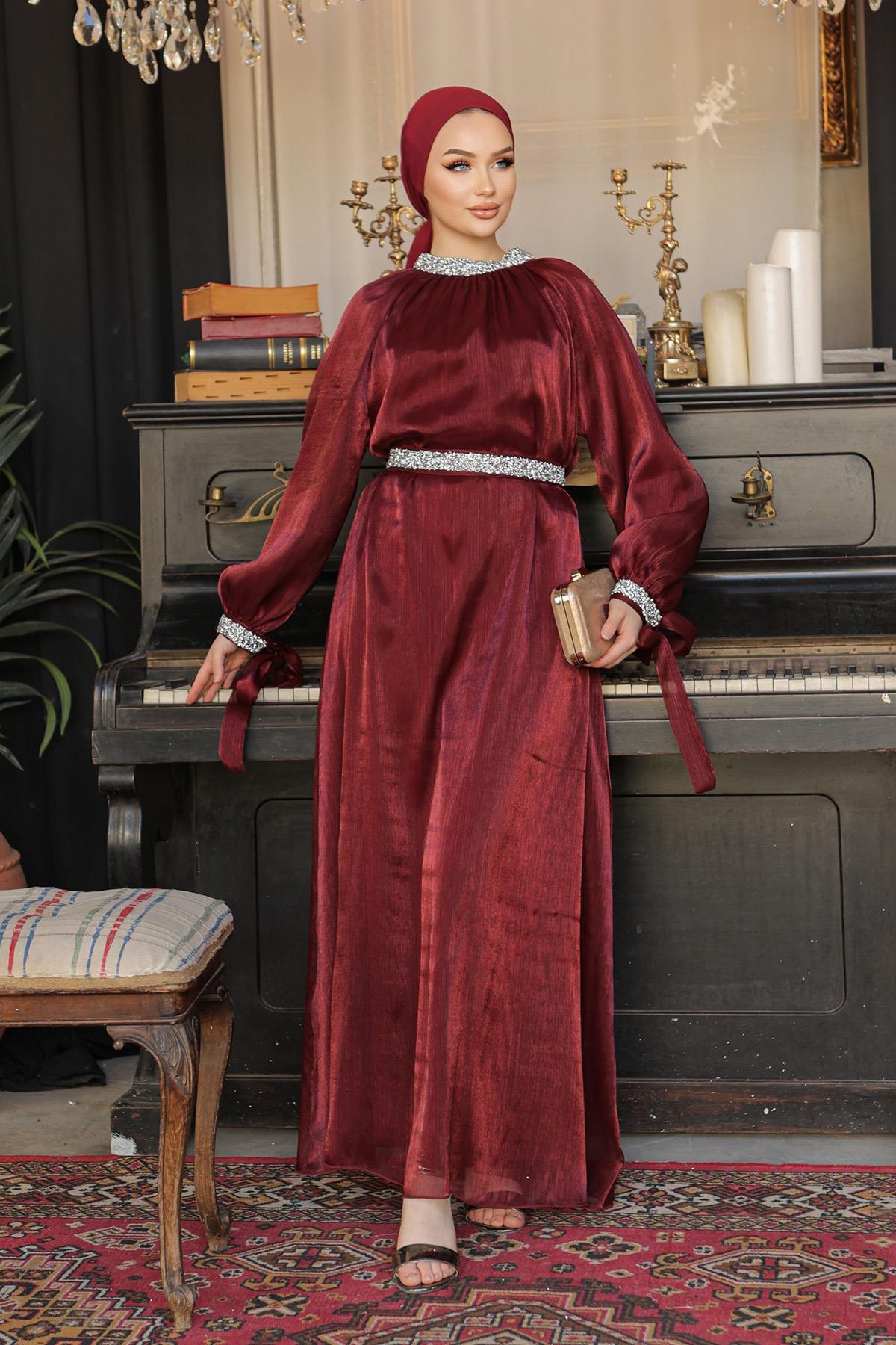 Tesettür Sarem Işıltı Taşlı Abiye BordoLP4203-1