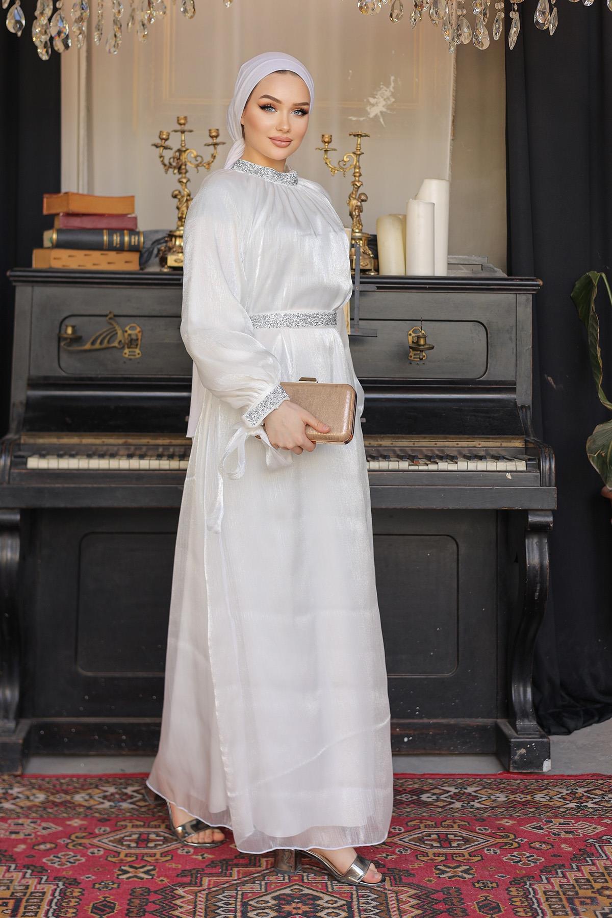 Tesettür Sarem Işıltı Taşlı Abiye EkruLP4203-1