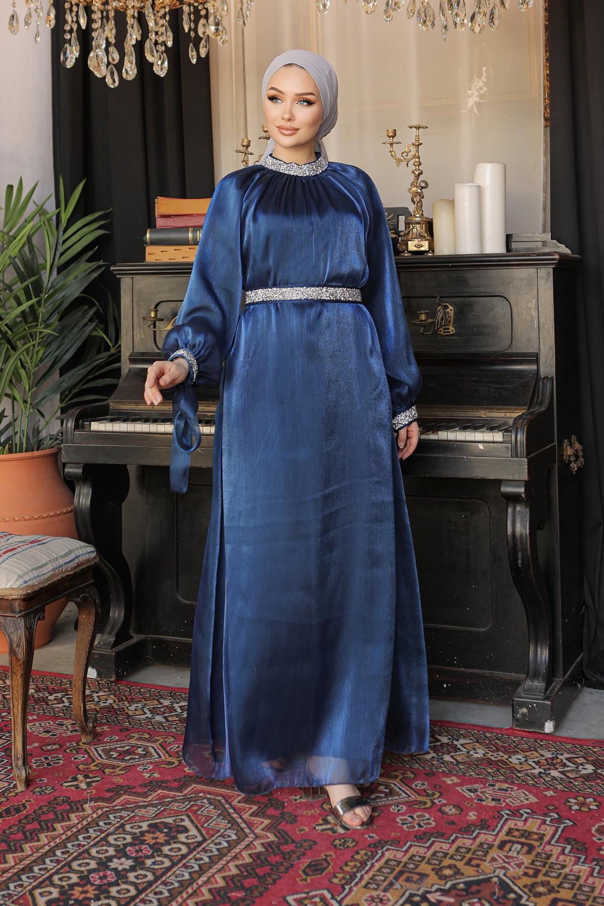 Tesettür Sarem Işıltı Taşlı Abiye LacivertLP4203-1