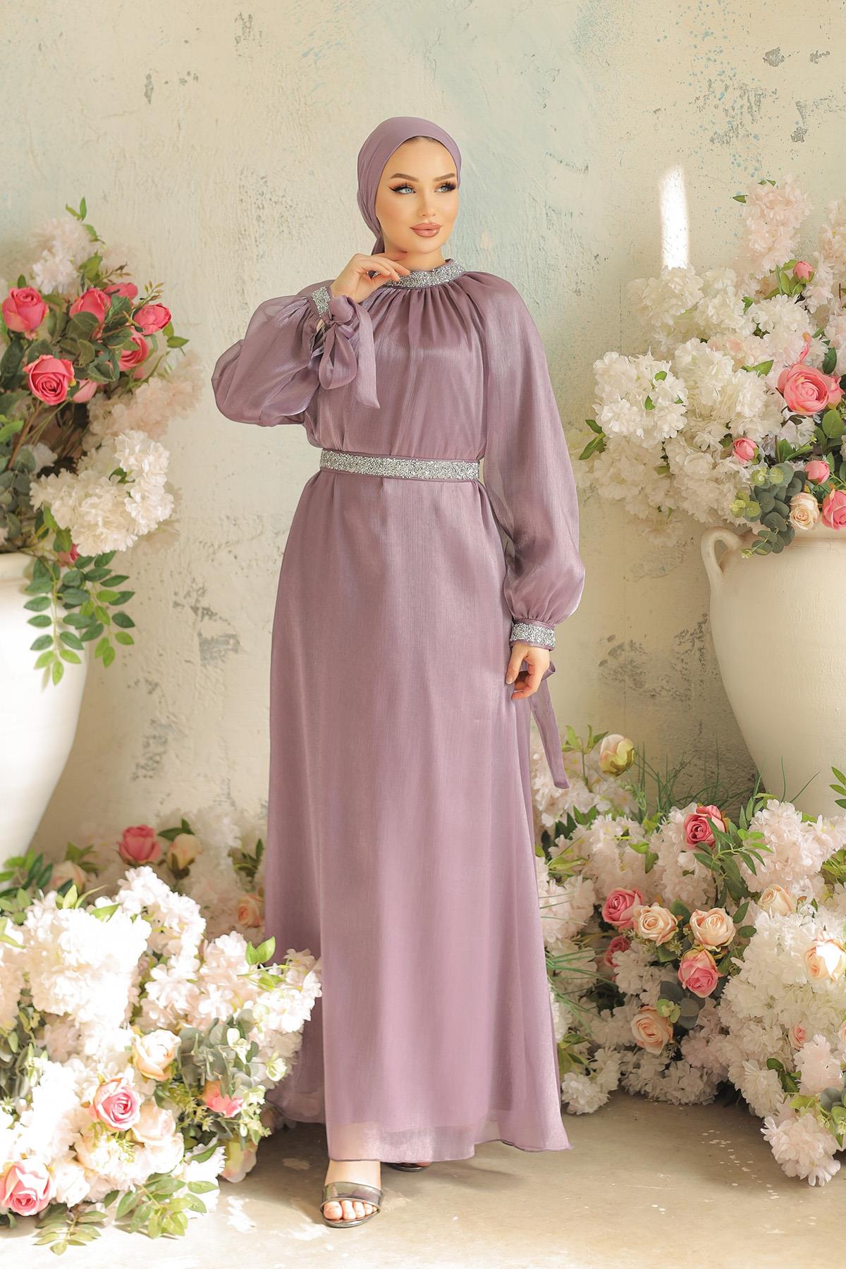 Tesettür Sarem Işıltı Taşlı Abiye LilaLP4203-1