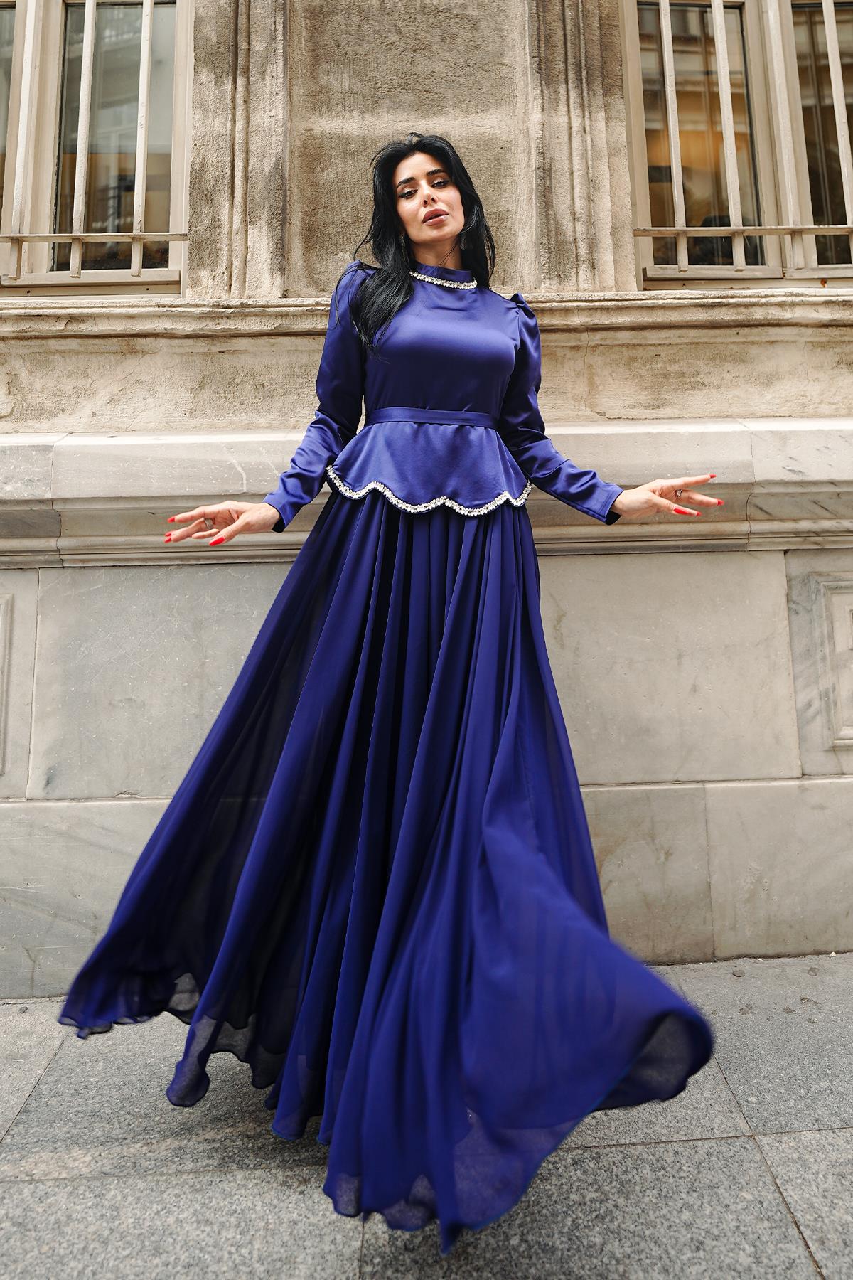 Tesettür Seden Saten/Şifon Abiye LacivertLP6245