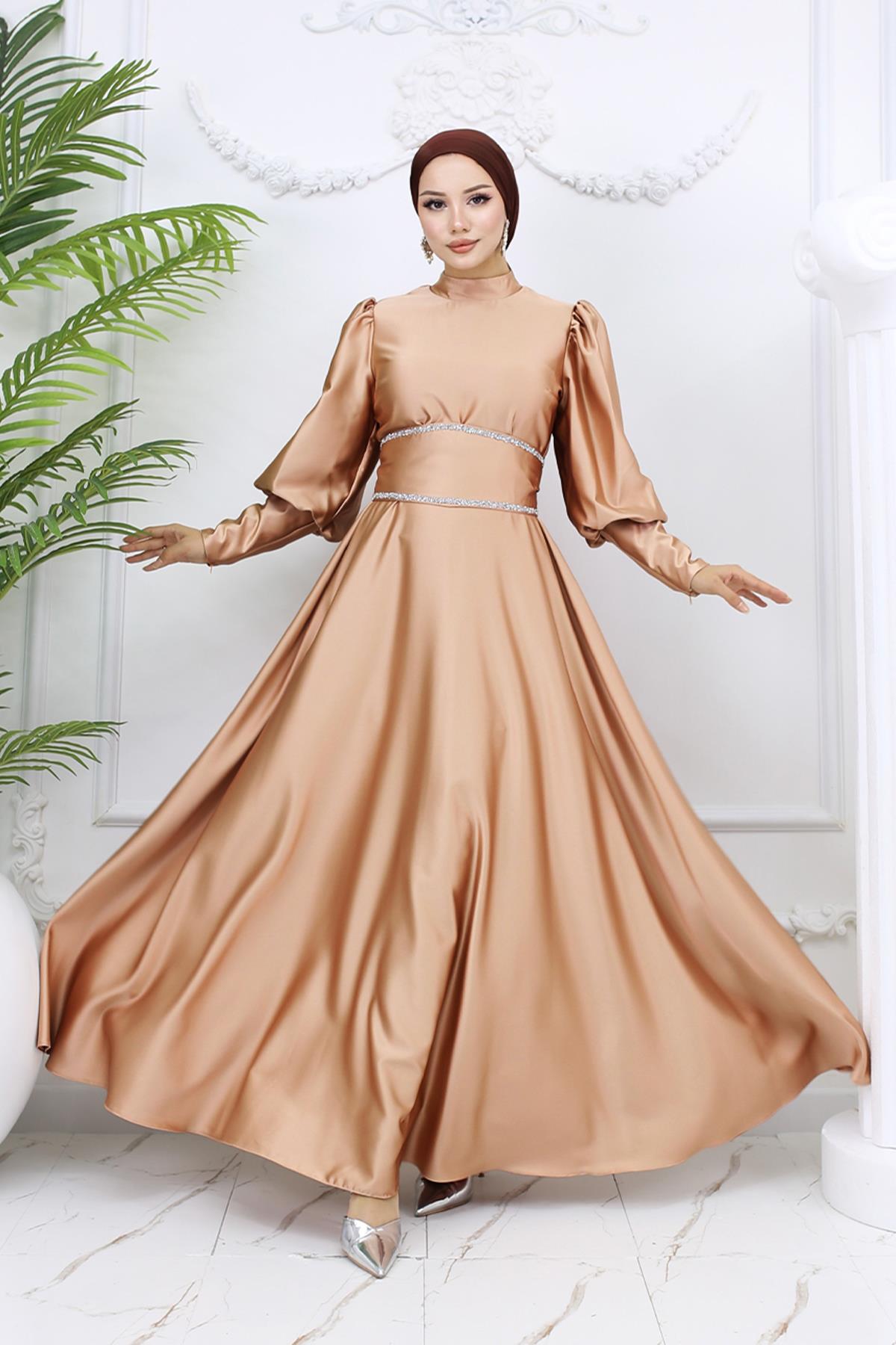 Tesettür Sehran Saten Abiye Gold RengiLP6151