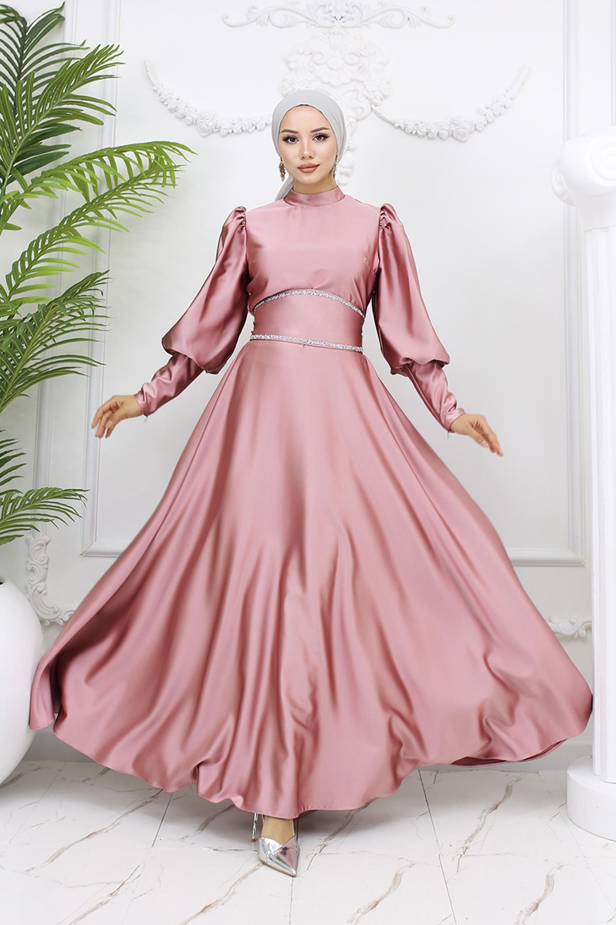 Tesettür Sehran Saten Abiye PudraLP6151