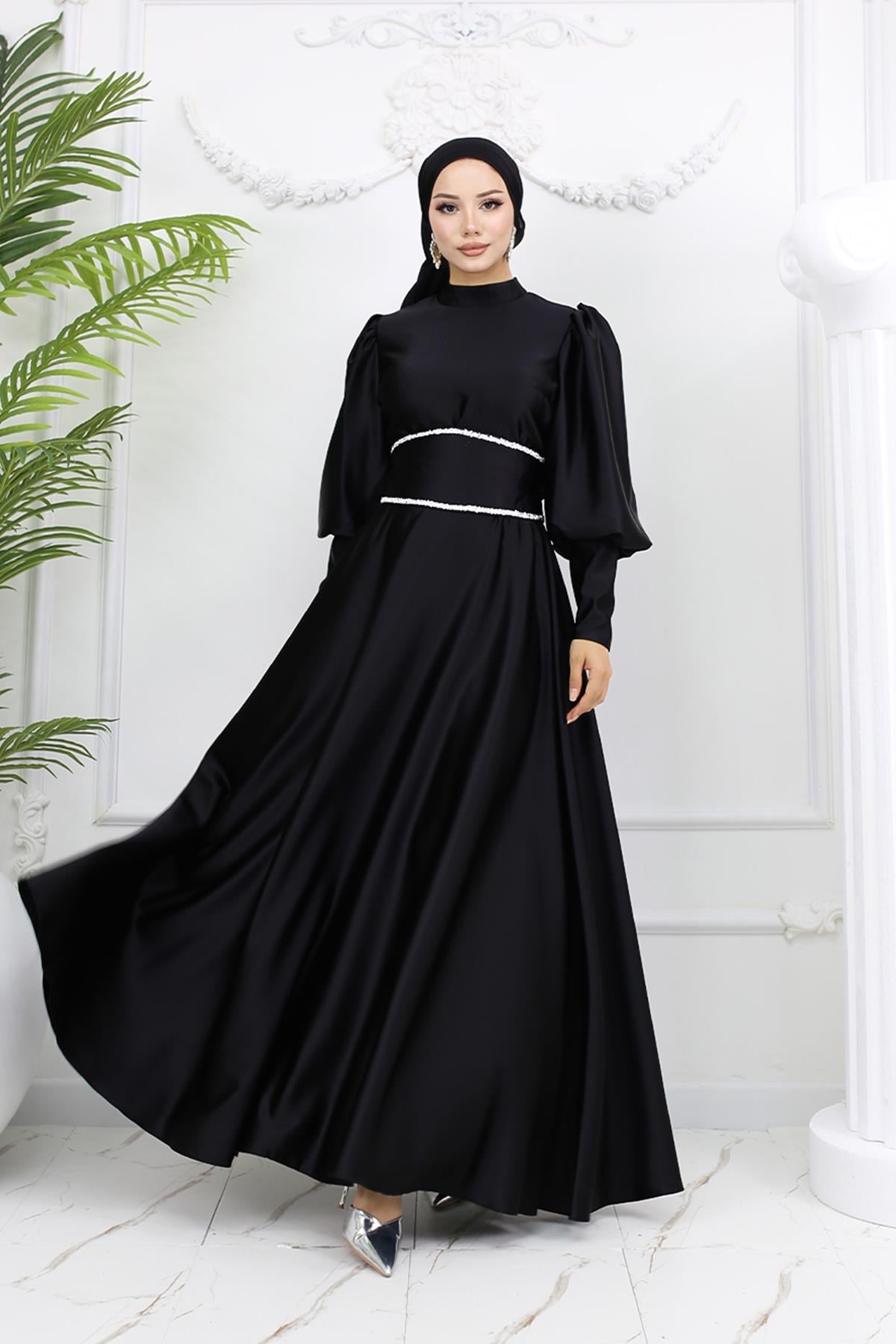 Tesettür Sehran Saten Abiye SiyahLP6151