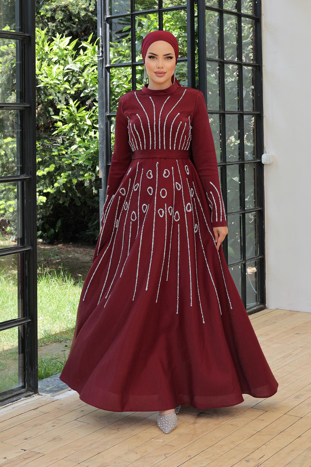 Tesettür Selya Krep Saten Abiye BordoLP6046
