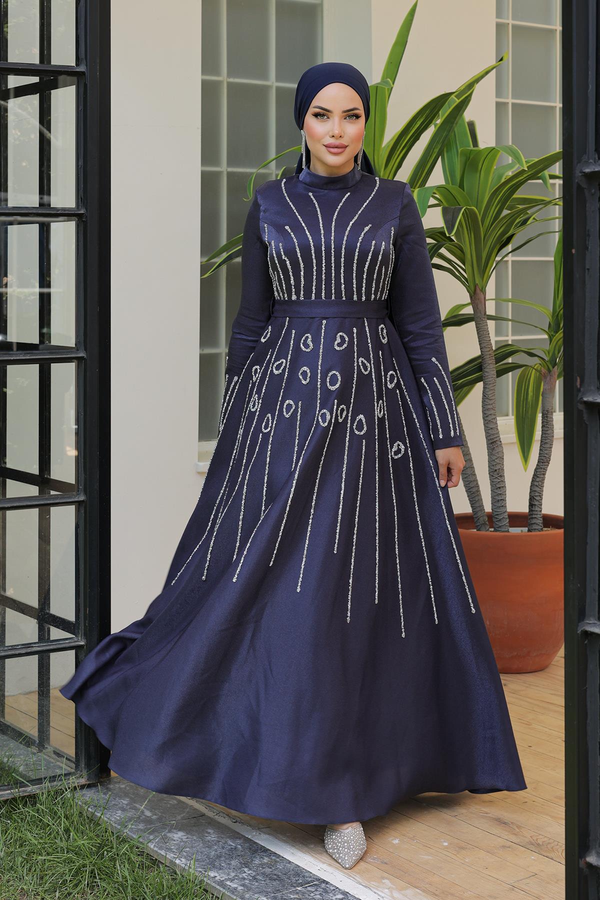 Tesettür Selya Krep Saten Abiye LacivertLP6046