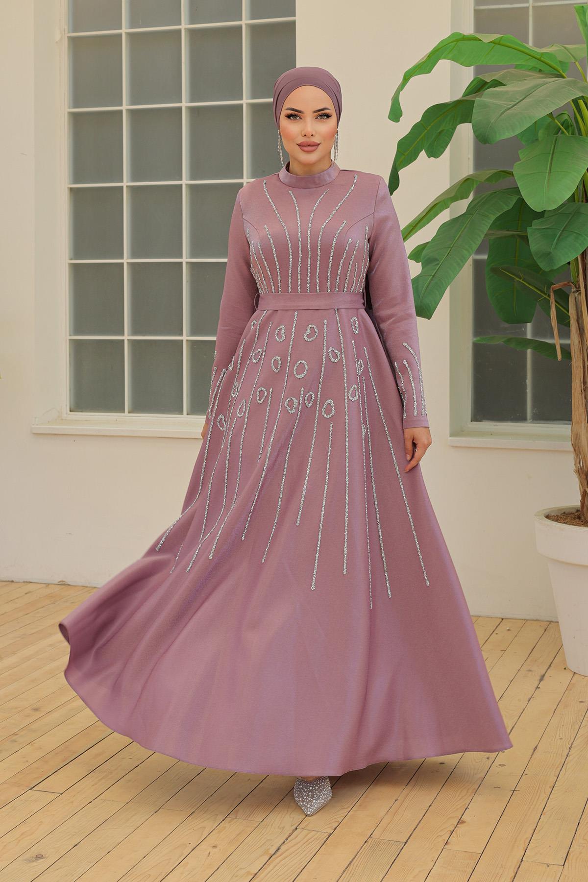 Tesettür Selya Krep Saten Abiye LilaLP6046