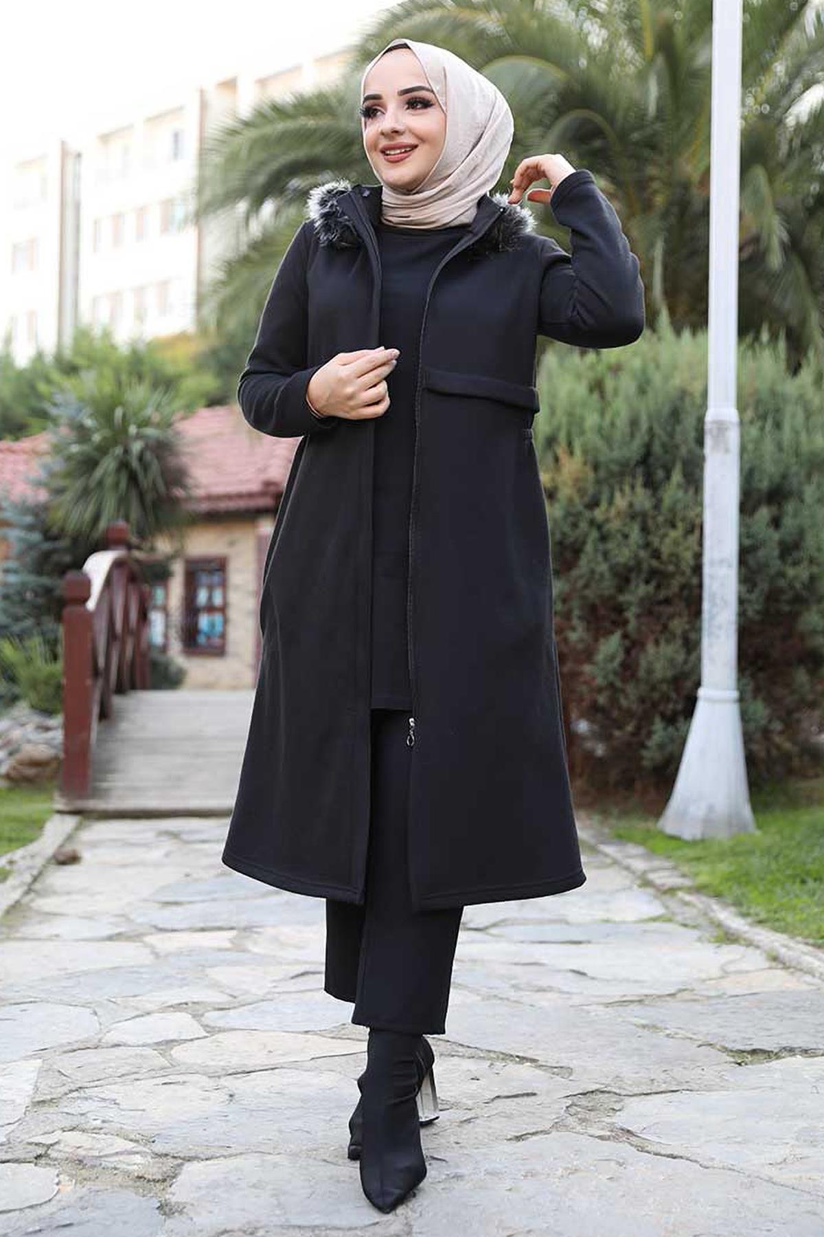 Tesettür Seyyar Kürklü Tesettür Kap SiyahHM5220