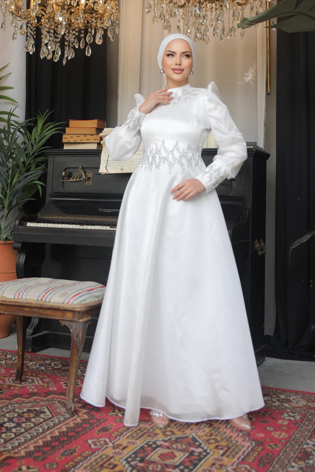 Tesettür Sıla Organze Abiye EkruLP6016