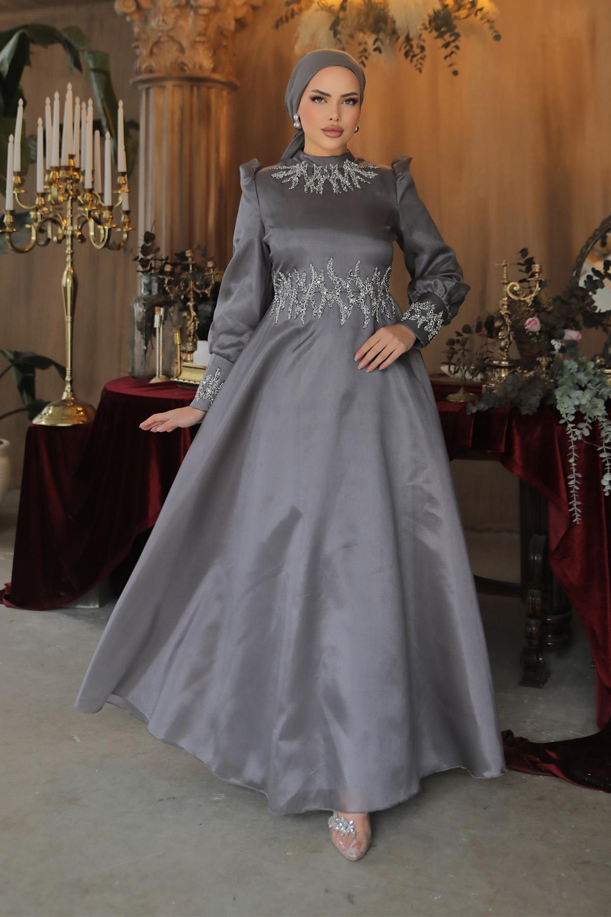 Tesettür Sıla Organze Abiye GriLP6016