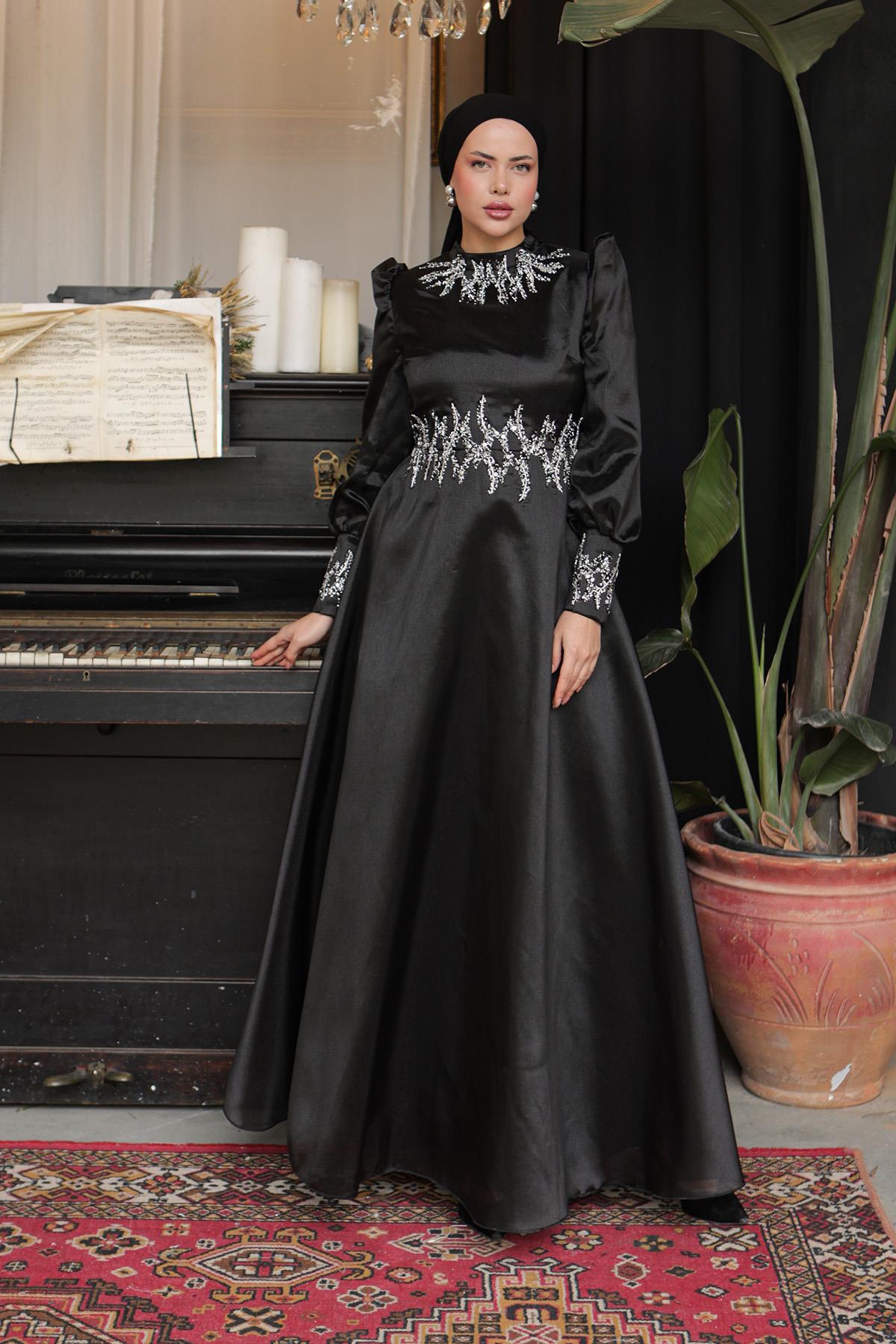 Tesettür Sıla Organze Abiye SiyahLP6016