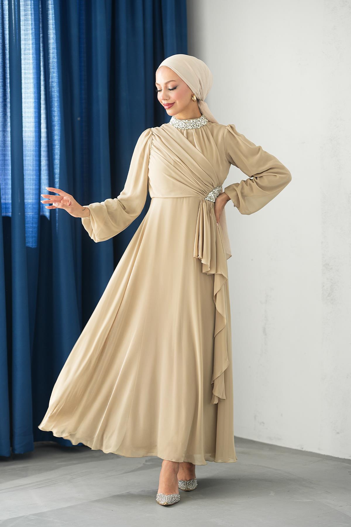 Tesettür Silver Şifon Abiye BejLP6260