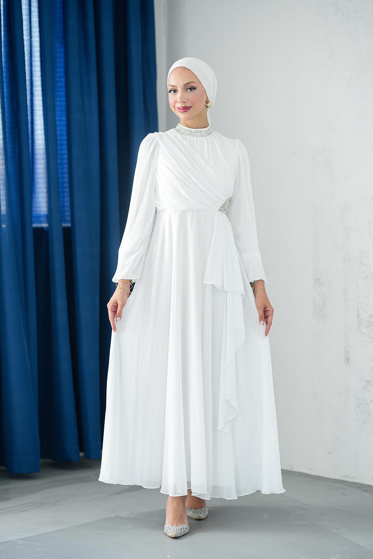 Tesettür Silver Şifon Abiye BeyazLP6260