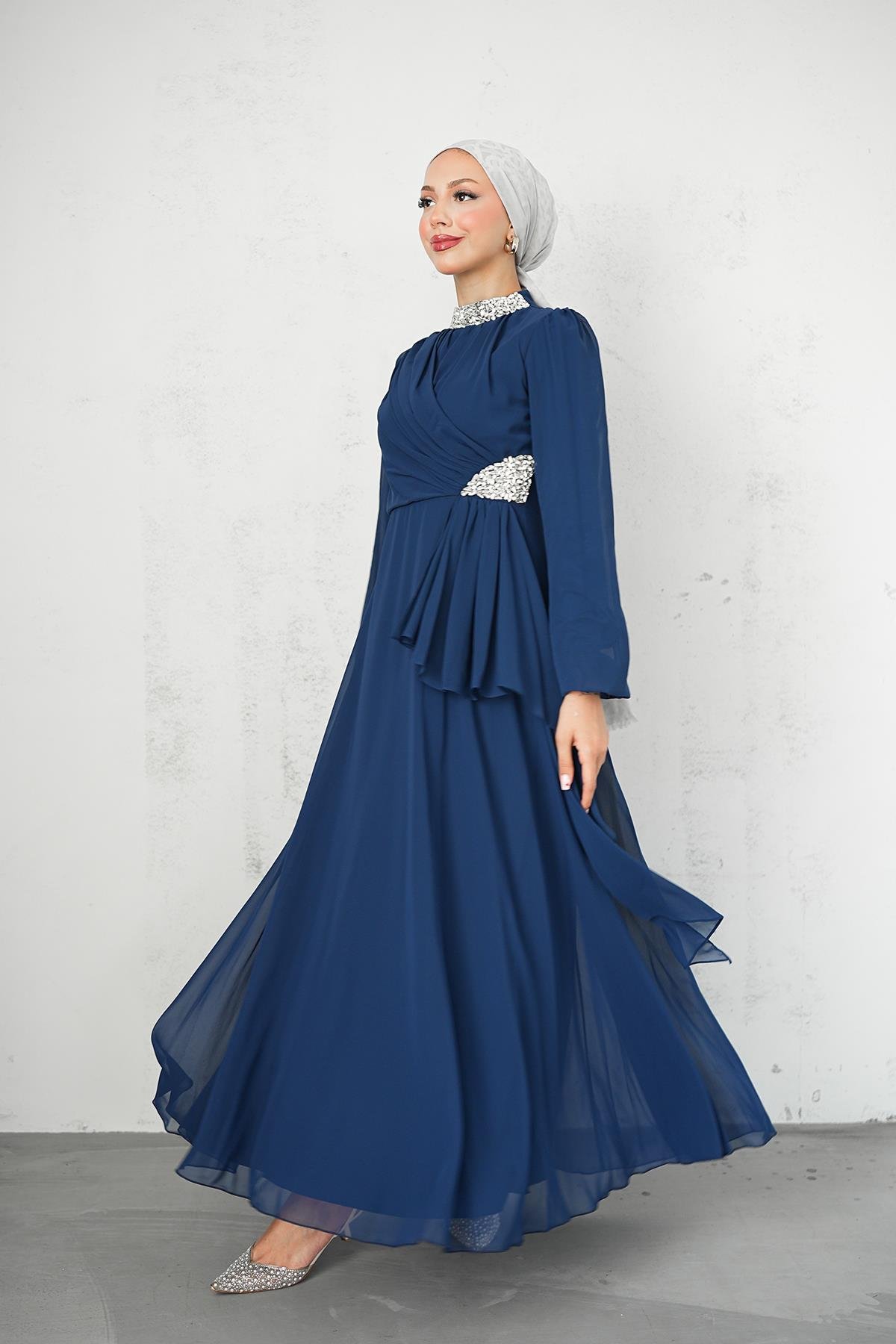 Tesettür Silver Şifon Abiye LacivertLP6260