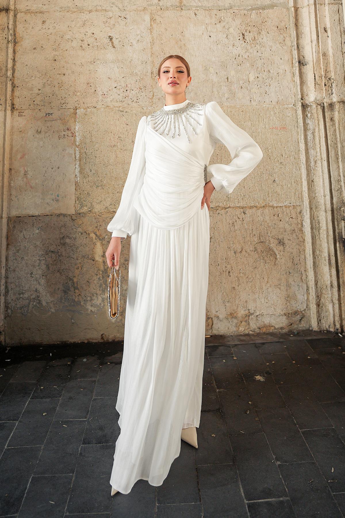 Tesettür Şimal Işıltı Abiye BeyazLP6238