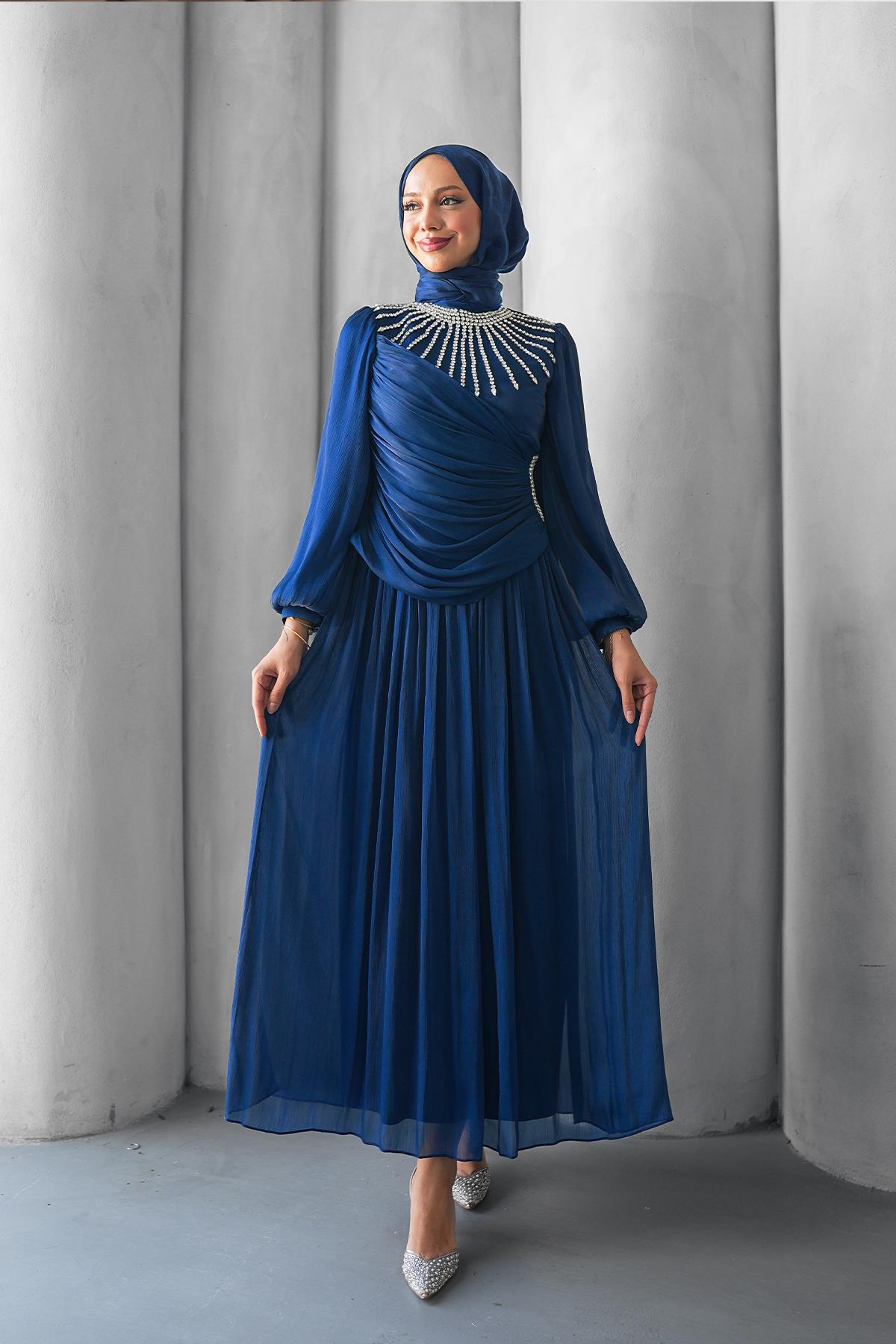 Tesettür Şimal Işıltı Abiye LacivertLP6238