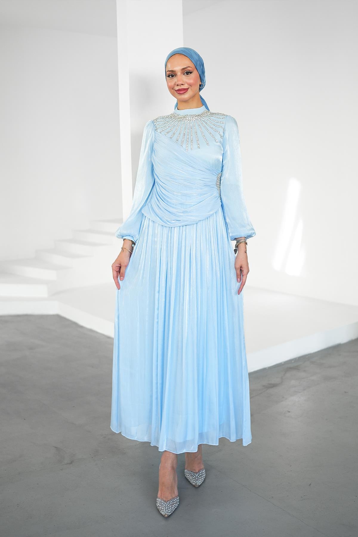 Tesettür Şimal Işıltı Abiye MaviLP6238