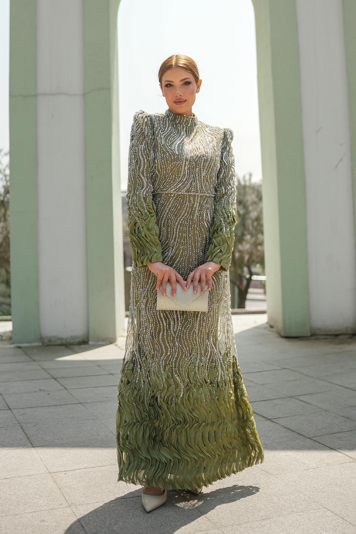 Tesettür Simla Boncuklu Abiye Zeytin YeşiliLP6265