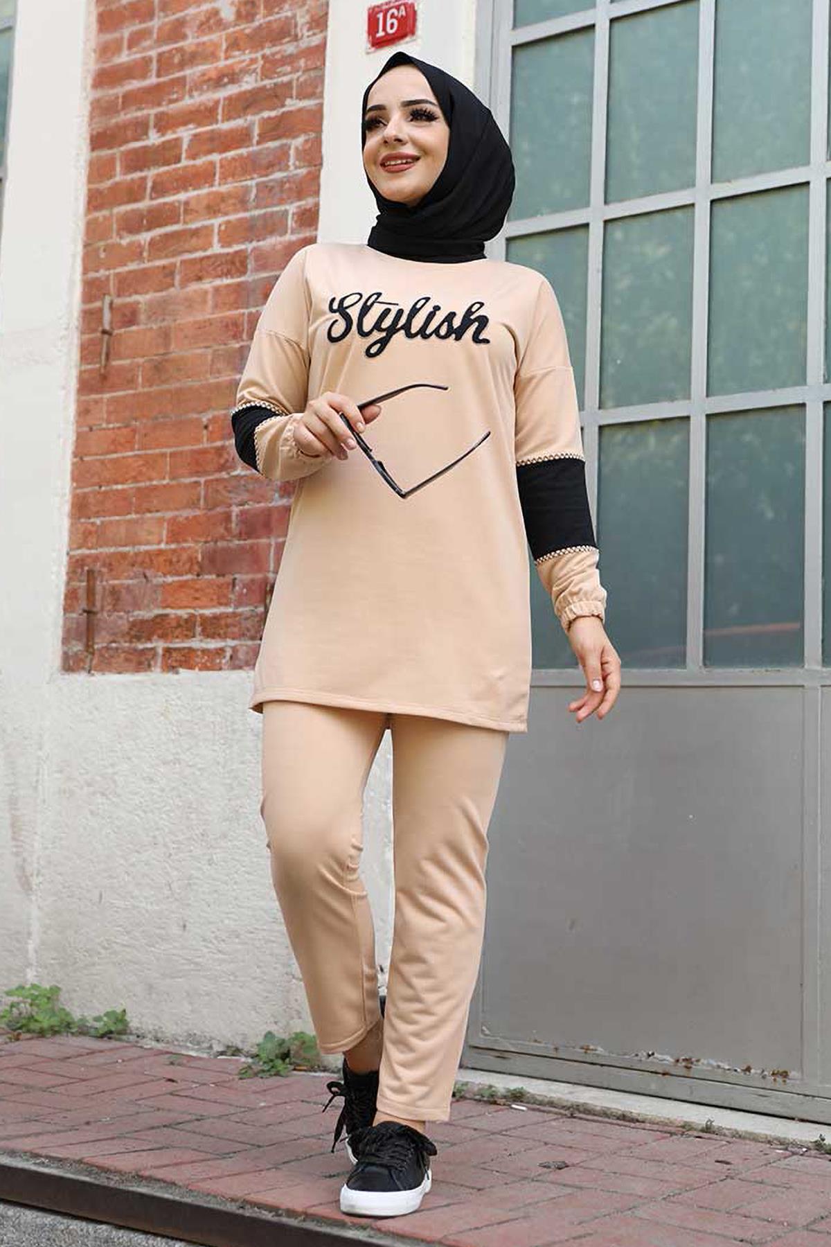 Tesettür Stylish Baskılı Kombin BejHM1544