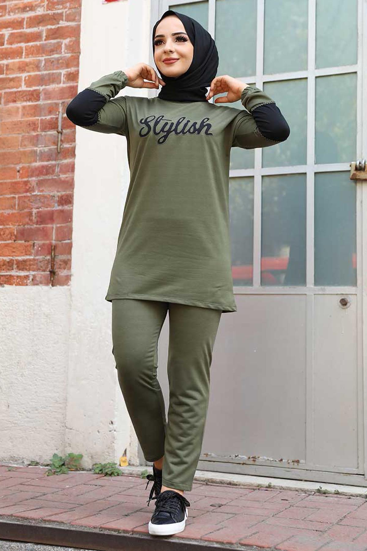 Tesettür Stylish Baskılı Kombin HakiHM1544