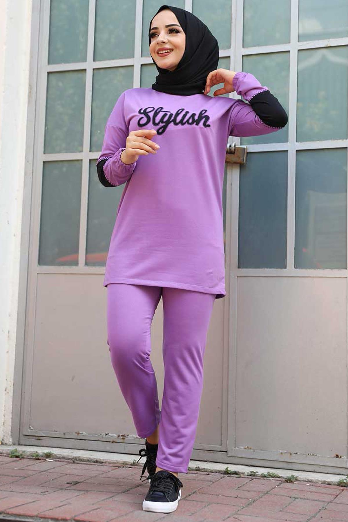 Tesettür Stylish Baskılı Kombin LilaHM1544