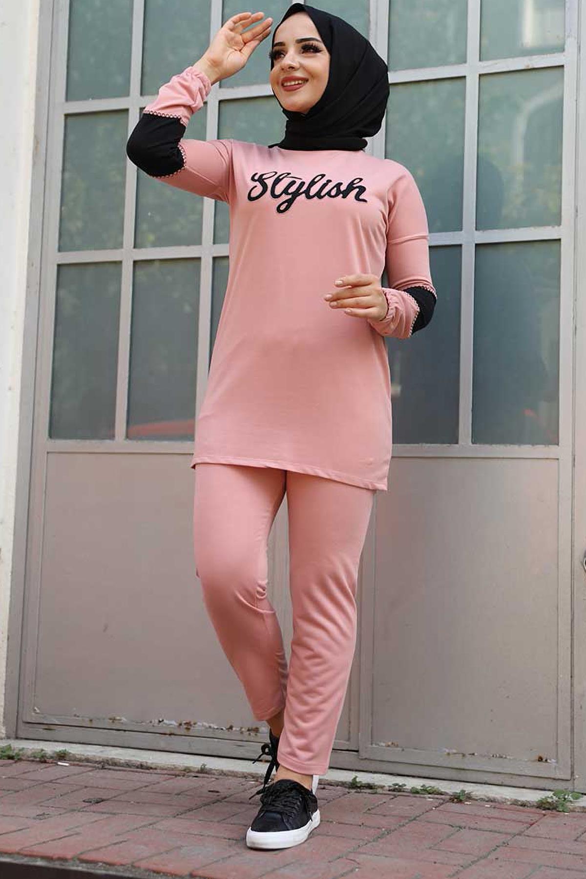 Tesettür Stylish Baskılı Kombin PudraHM1544