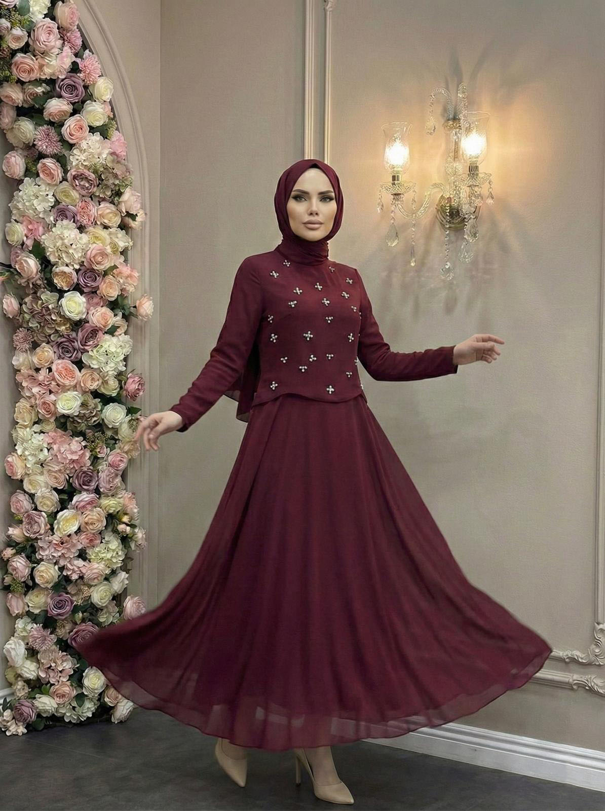 Tesettür SUEDA Adriana & Şifon Abiye BordoLP6364