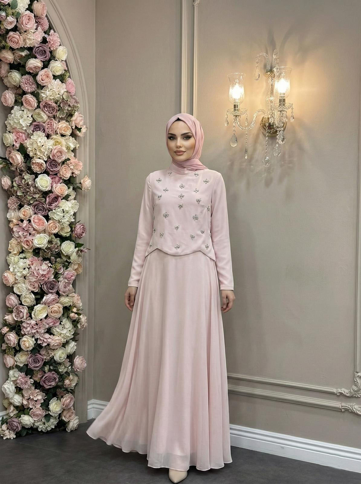 Tesettür SUEDA Adriana & Şifon Abiye PudraLP6364