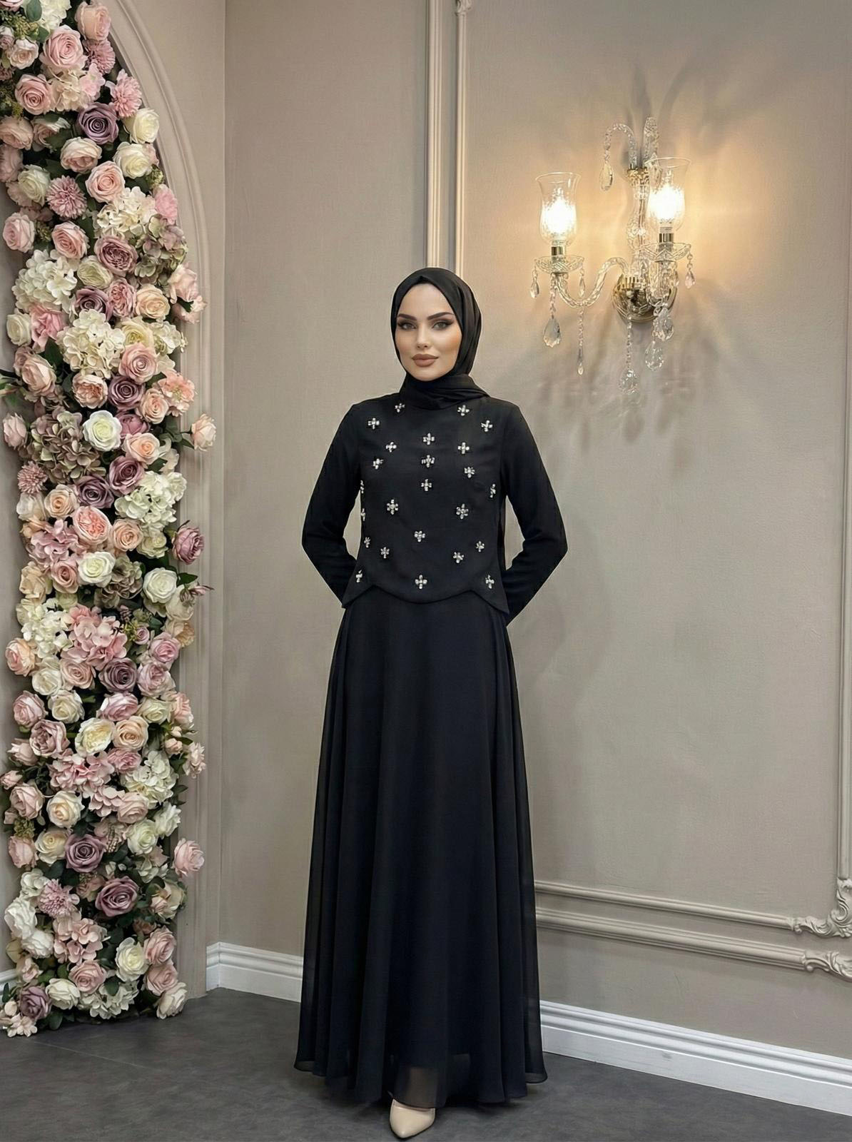 Tesettür SUEDA Adriana & Şifon Abiye SiyahLP6364