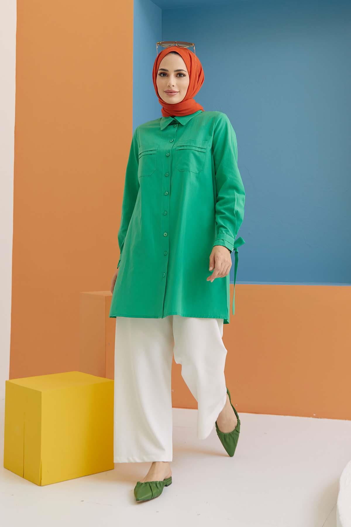 Tesettür Taş İşlemeli Kolu Bağlamalı Gömlek YeşilHM4034