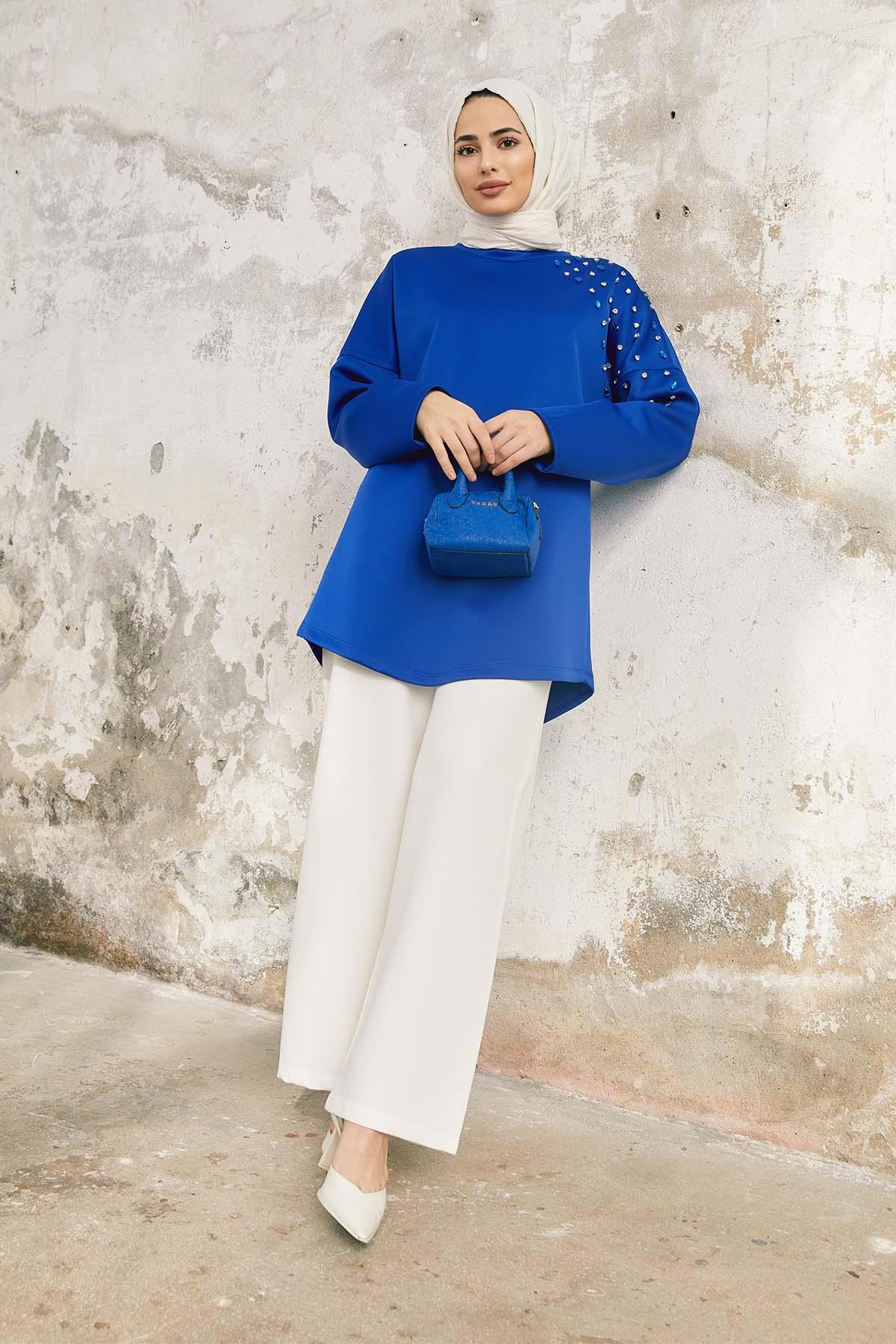 Tesettür Taş İşlemeli Sweat Saks MavisiHM4065