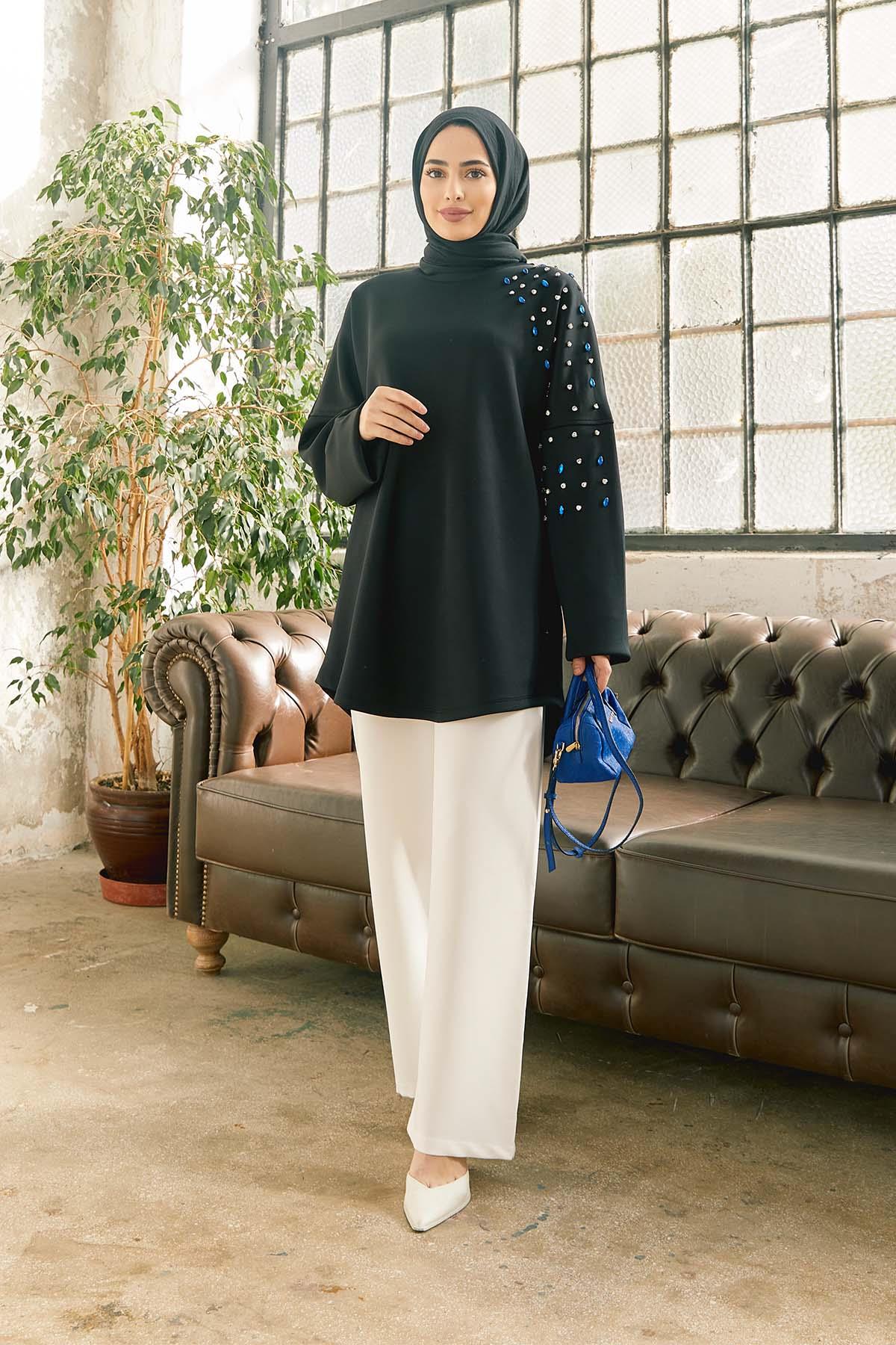 Tesettür Taş İşlemeli Sweat SiyahHM4065