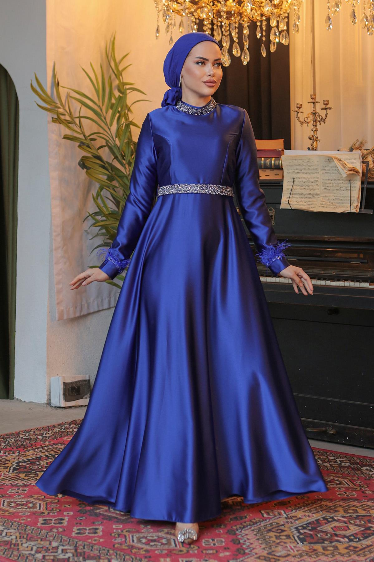 Tesettür Tüy ve Meç Detaylı Saten Abiye Saks MavisiLP6033-1