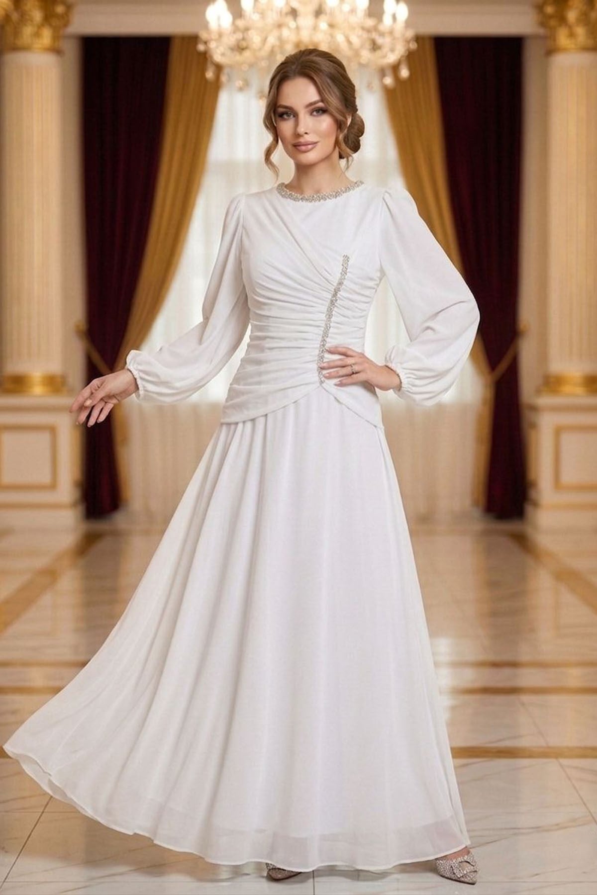 Tesettür VELORA Şifon Abiye BeyazLP6386